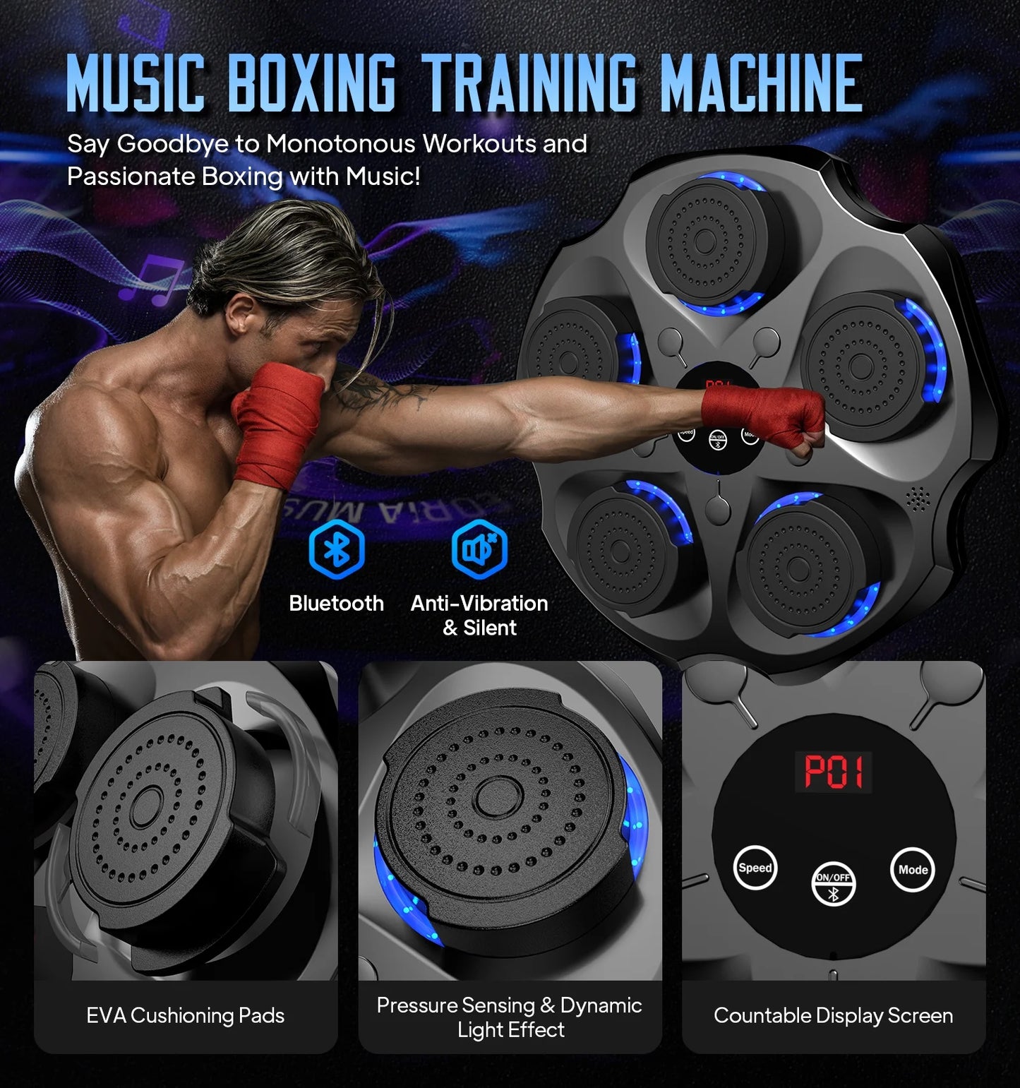 Music Boxing Machine with Boxing Gloves, Wall Mounted Smart Bluetooth Music Boxing Trainer, Electronic Boxing Target Workout Punching Equipment for Home, Indoor and Gym